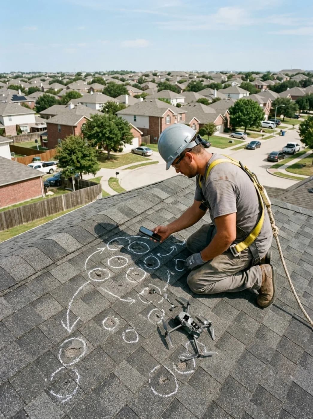 Crew lead photographing shingle bruising during an inspection