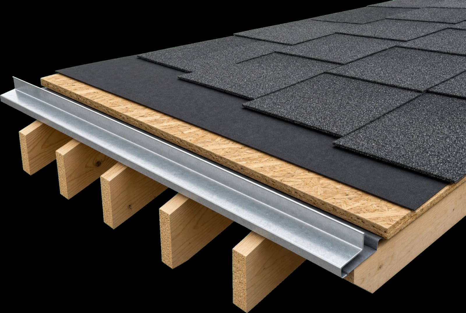 Cutaway of a roof system showing rafters, decking, underlayment, drip-edge flashing, and shingles