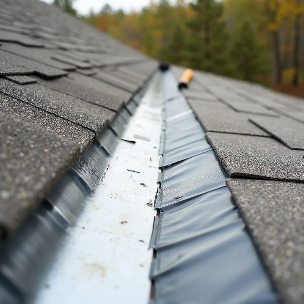 A roof valley lined with ice-and-water shield before shingles