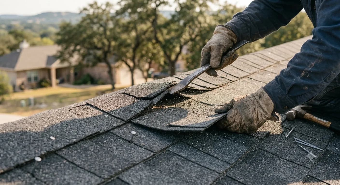 Shingle repair on a wind-damaged slope, courses cut back to sound material