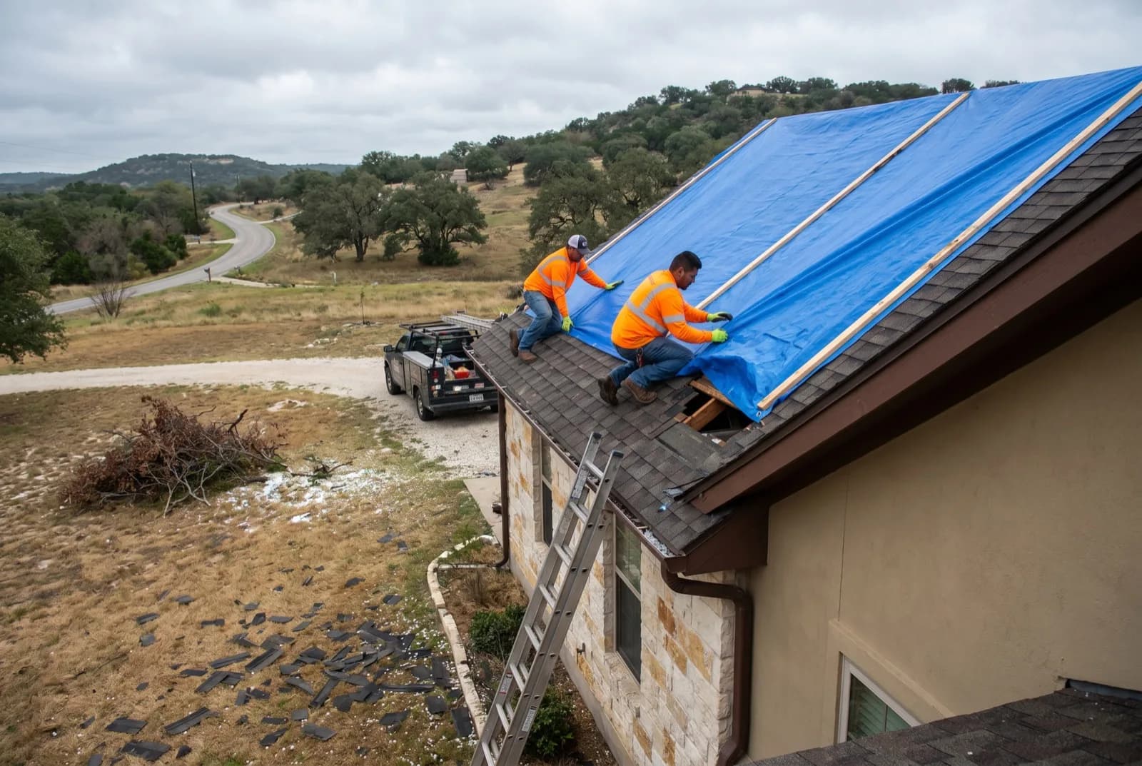 Crew battening a tarp over a hail-damaged slope