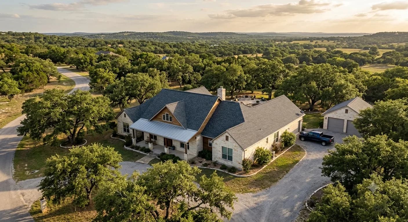 Drone view of a finished architectural shingle roof