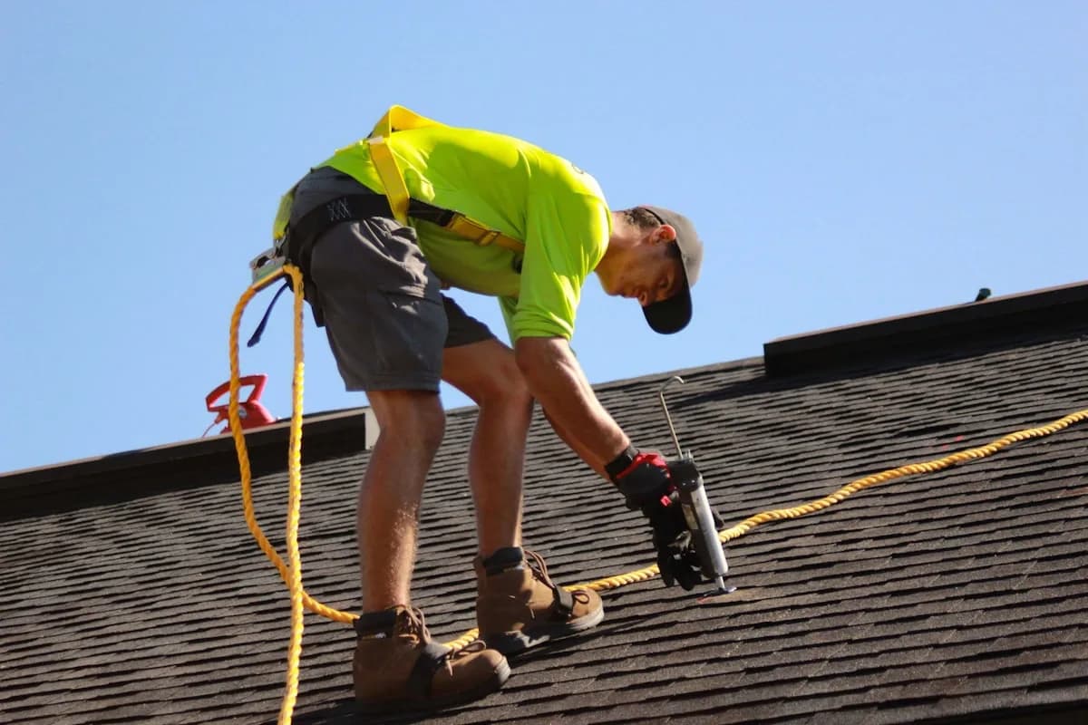 Roofer setting a six-nail pattern across a shingle course