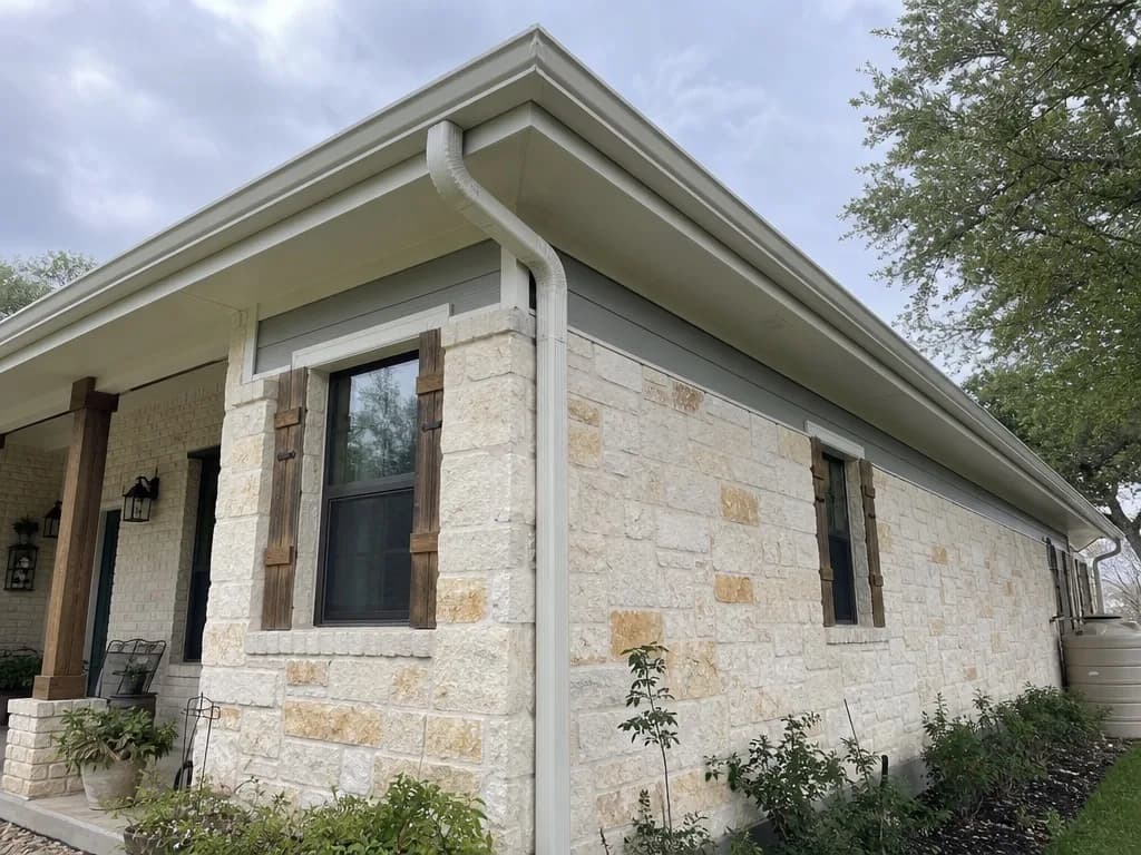 New downspout and clean gutter line at the corner
