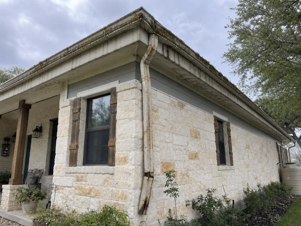 Moss-caked gutter pulling away from the roofline
