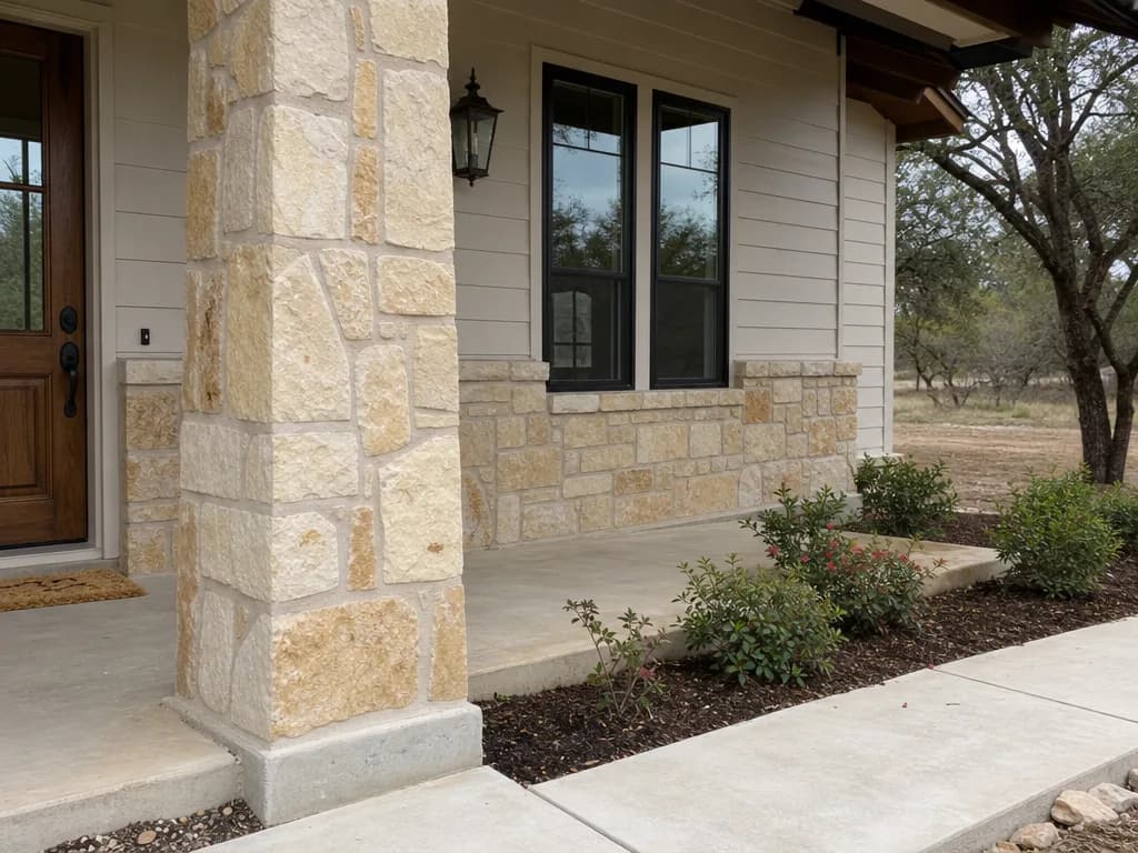 Stone veneer on a porch column and wall skirting