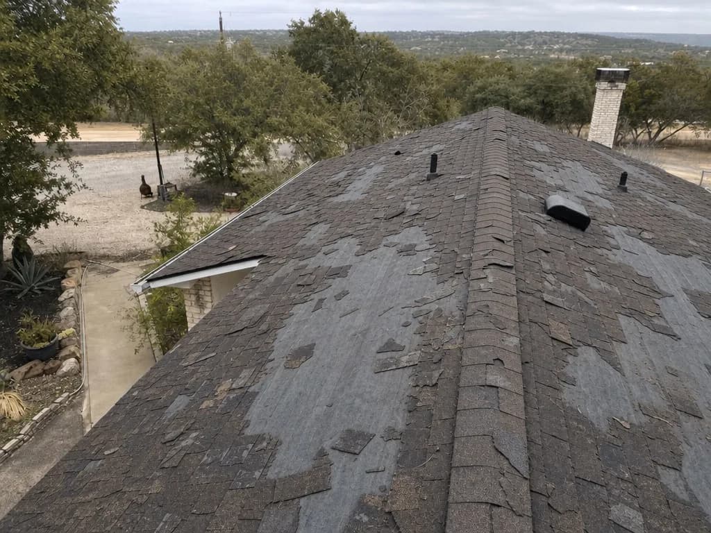 Asphalt roof with tabs missing after a wind and hail storm