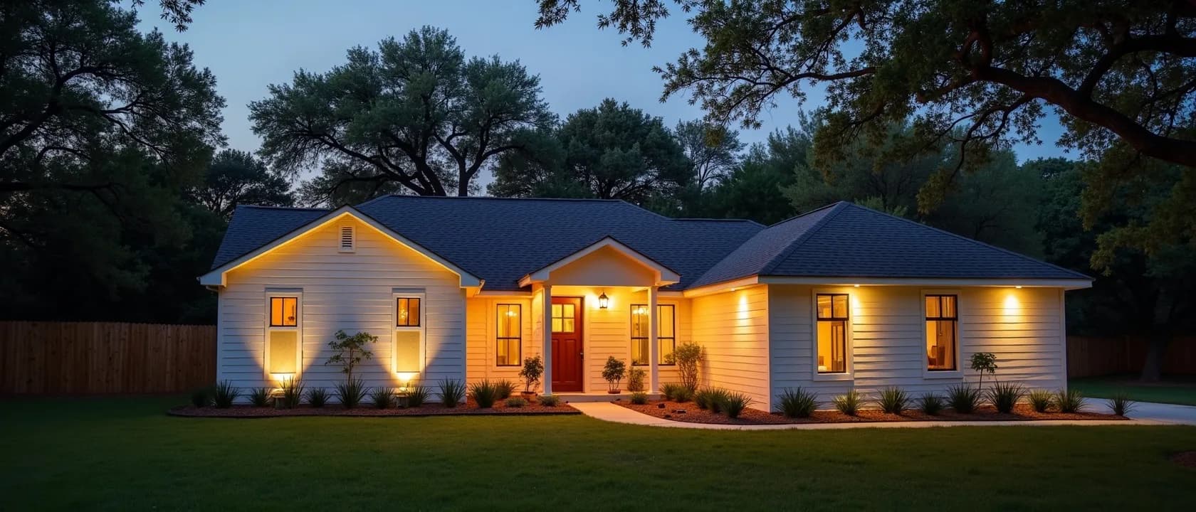 Freshly sided home lit at dusk