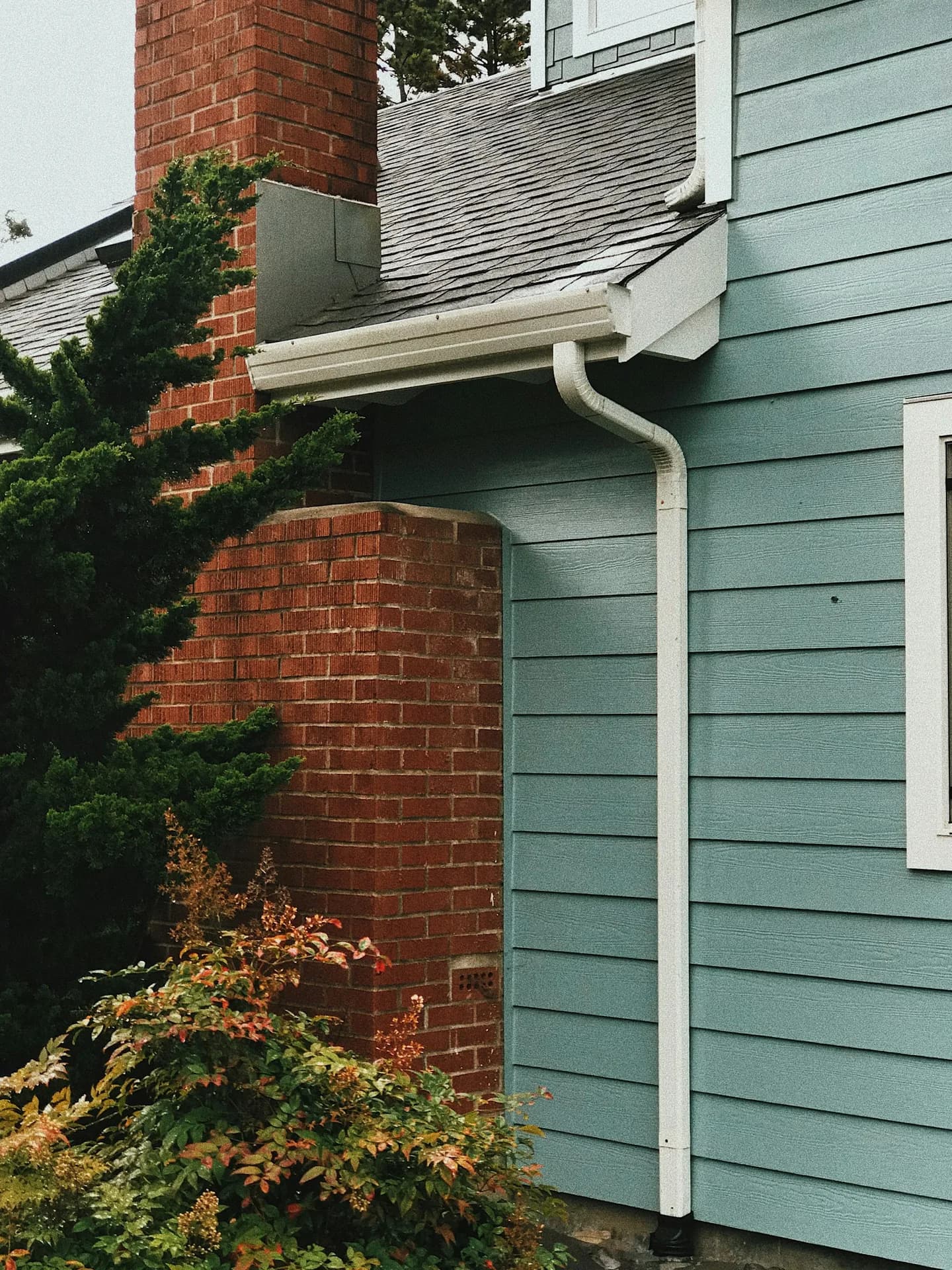 Crisp white trim and fascia against blue siding