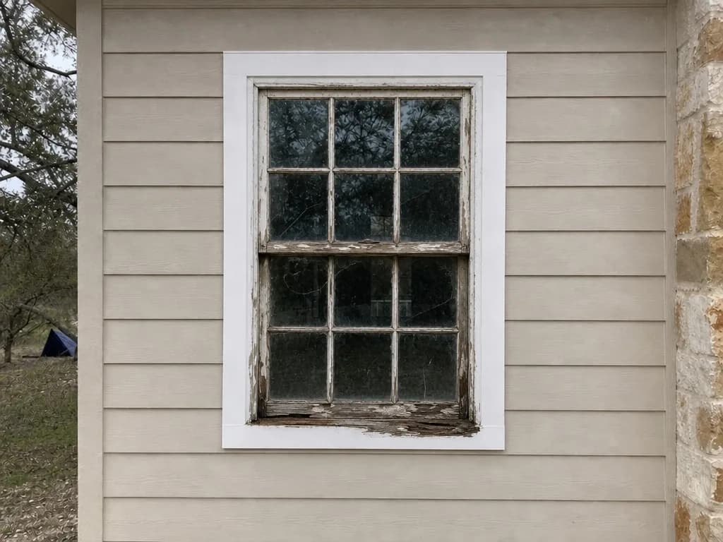 Rotted wood sash with paint lifting off the rail